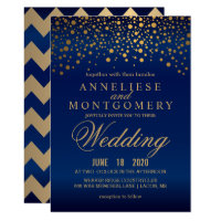 Stylish Gold Confetti Navy Blue Wedding Invitation