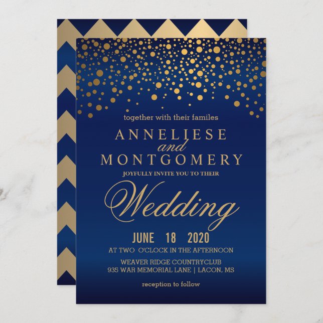 Stylish Gold Confetti Navy Blue Wedding Invitation (Front/Back)