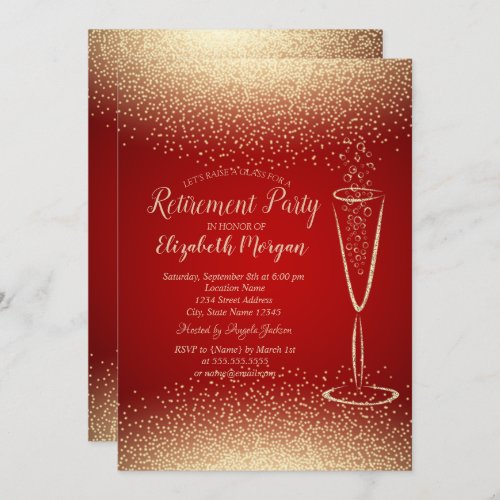 Stylish Gold Confetti Wine Glass Red Retirement Invitation