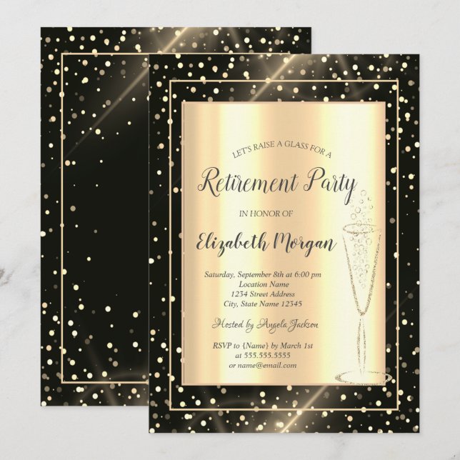Stylish Gold Confetti Wine Glass Retirement Invitation (Front/Back)