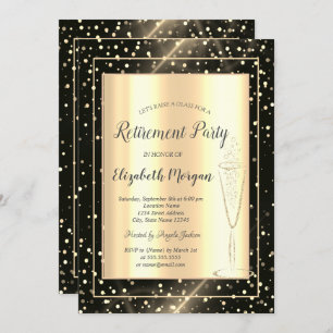 Stylish Gold Confetti Wine Glass Retirement Invitation