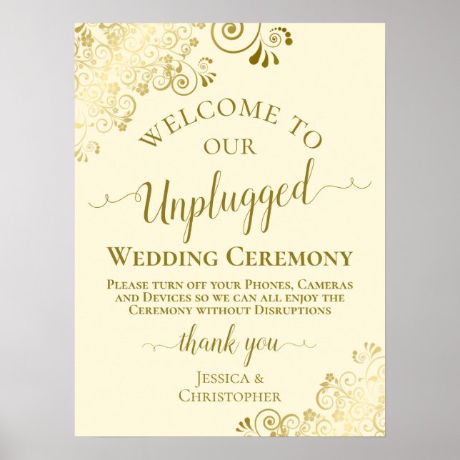 Stylish Gold & Cream Unplugged Wedding Ceremony Poster (Front)
