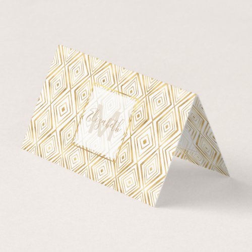 Stylish Gold Diamond Shapes Doodles White Pattern Business Card