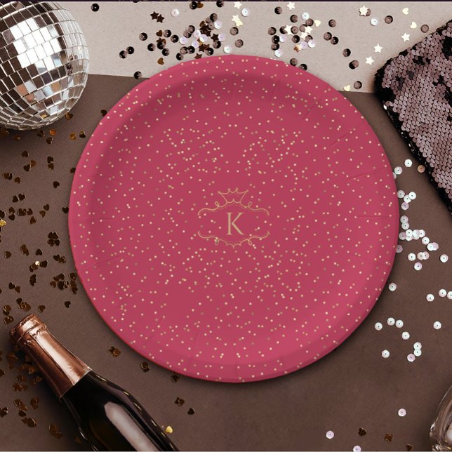 Stylish Gold Dots On Magenta Red Royal Monogram Paper Plates (Creator Uploaded)