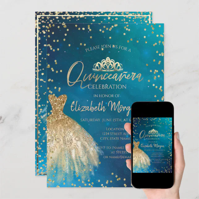 Stylish Gold Dress Tiaradiamonds Quinceañera Invitation Zazzle 0748