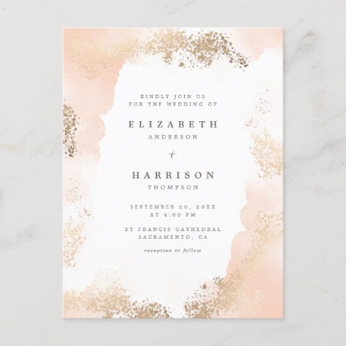 Stylish Gold Dust  Blush Watercolor Wedding Invitation Postcard