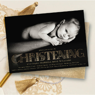Stylish Gold Elegant Typography Christening Photo Invitation