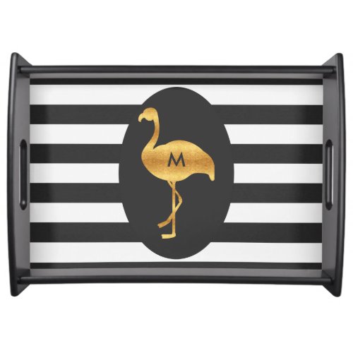 Stylish Gold Flamingo Monogram Black White Stripes Serving Tray - Modern gold flamingo monogram serving tray with contemporary black and white stripes. This chic contemporary design has a digital effect golden foil flamingo on a black oval with a stylish striped black and white background. If you need any help customizing your product, contact me through my store and I'll be happy to help. PLEASE NOTE: All products on Zazzle are flat printed, not real gold foil.
