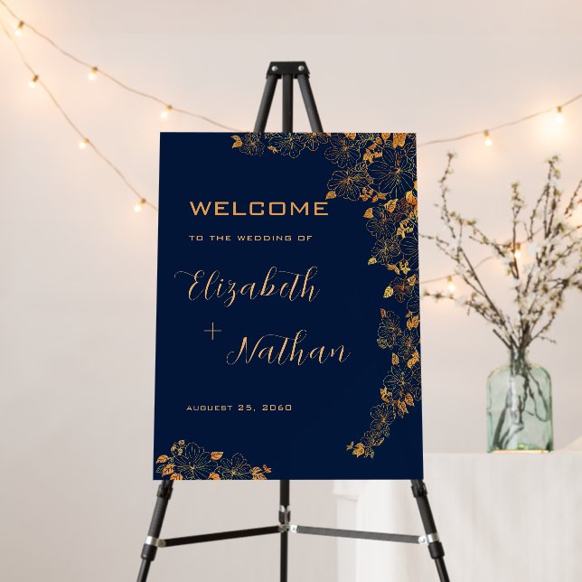 Stylish Gold Floral Navy blue Wedding Welcome Foam Board (In Situ (Stand))