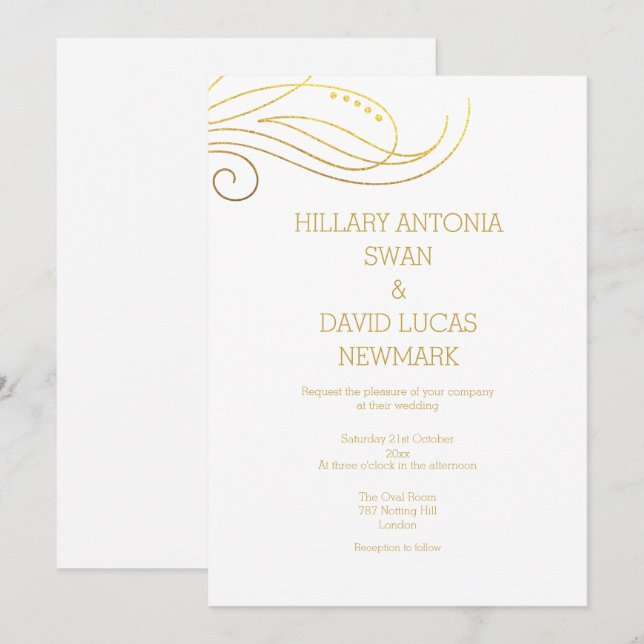 Stylish Gold Flourish Wedding Invitation (Front/Back)
