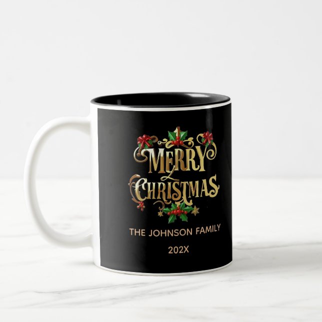 Stylish Gold Foil Black Merry Christmas Foliage Two-Tone Coffee Mug (Left)