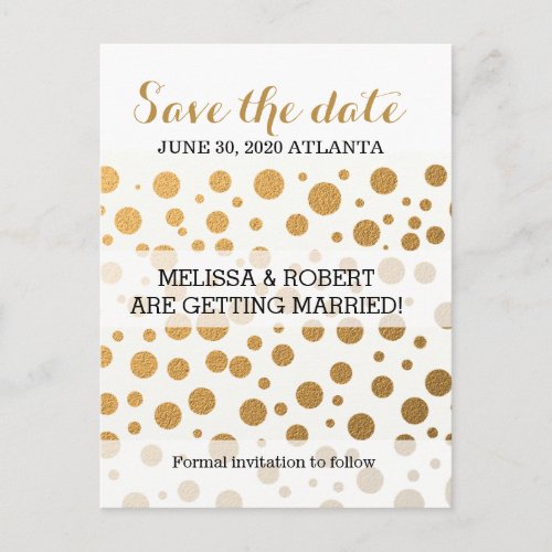 Stylish Gold Foil Confetti Dots  Save the Date Announcement Postcard