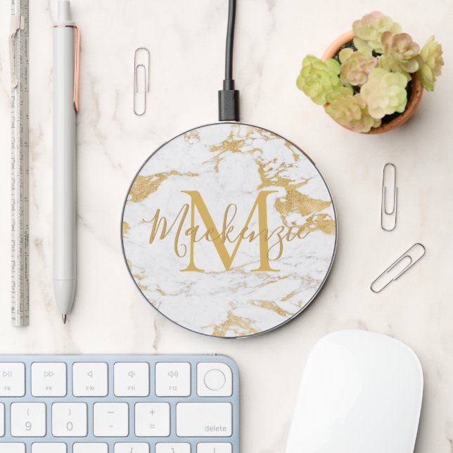 Stylish Gold Foil Marble Monogram Wireless Charger (Desk)