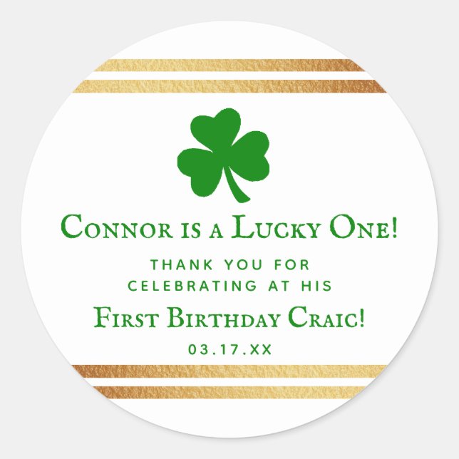Stylish Gold Foil St. Patrick's 1st Birthday Favor Classic Round Sticker (Front)