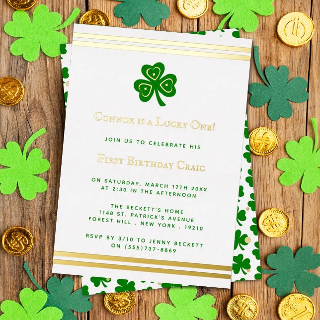 Stylish Gold Foil St. Patrick's Day 1st Birthday Invitation (Creator Uploaded)