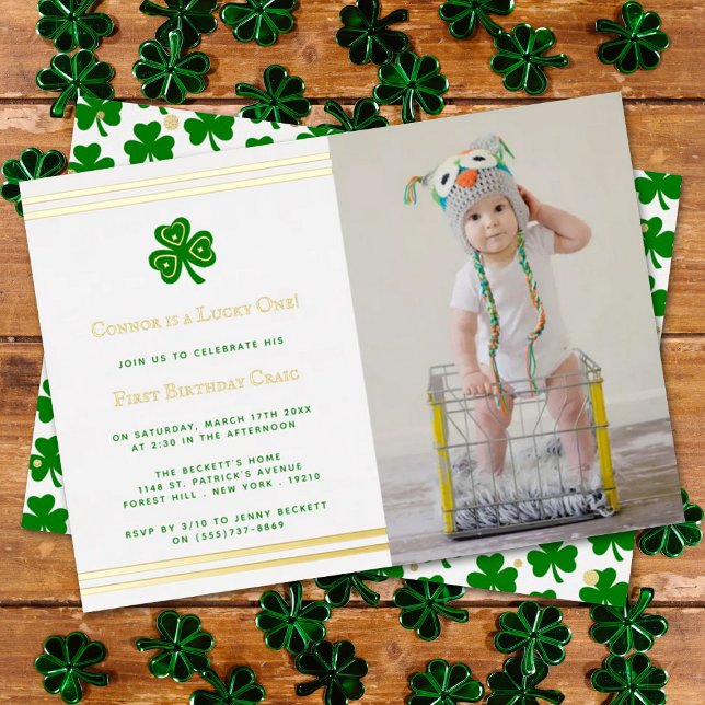 Stylish Gold Foil St. Patrick's Day 1st Birthday Invitation (Creator Uploaded)