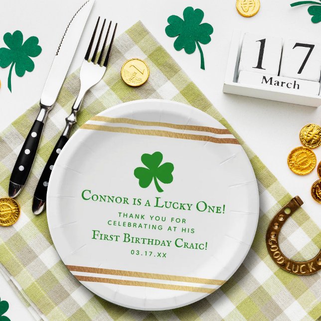 Stylish Gold Foil St. Patrick's Day 1st Birthday Paper Plates (Creator Uploaded)