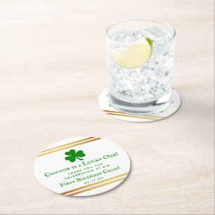Stylish Gold Foil St. Patrick's Day 1st Birthday Round Paper Coaster