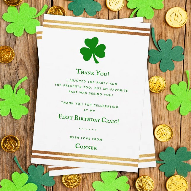 Stylish Gold Foil St. Patrick's Day 1st Birthday Thank You Card (Creator Uploaded)