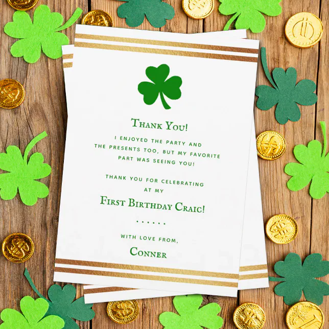 Stylish Gold Foil St. Patrick's Day 1st Birthday Thank You Card | Zazzle