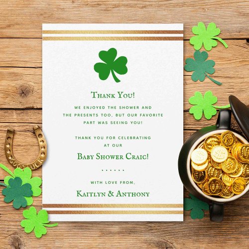 Stylish Gold Foil St Patricks Day Baby Shower Thank You Card
