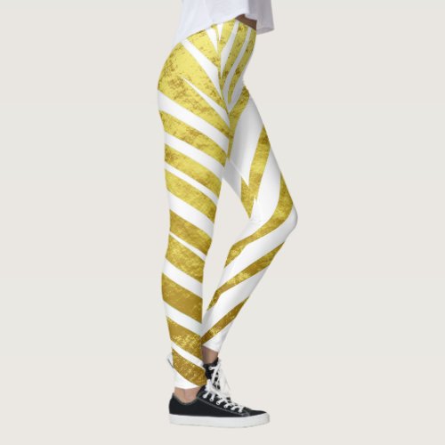 Stylish Gold Foil White Palm Tree Leaf Patterns Leggings