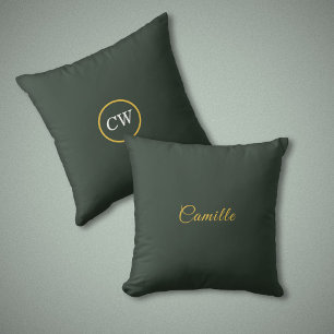 Stylish Gold & Forest Green Monogram Pillow