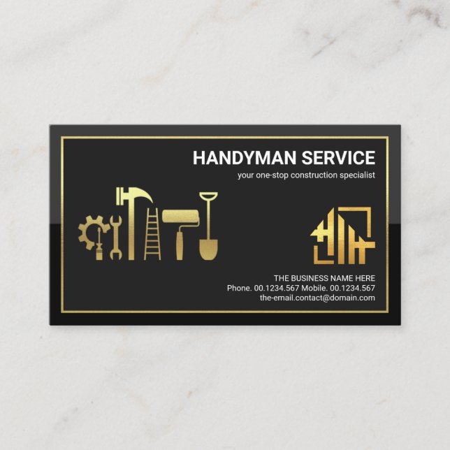 Stylish Gold Frame Handyman Tools Home Logo Business Card (Front)