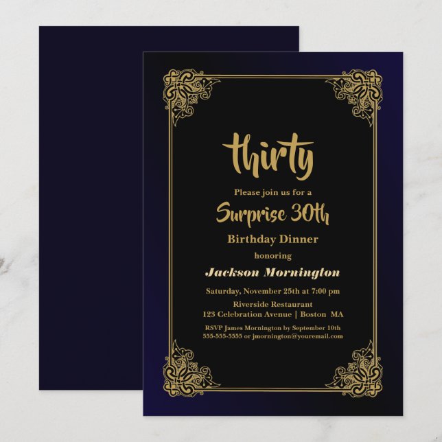 Stylish Gold Frame Surprise 30th Birthday Dinner Invitation (Front/Back)