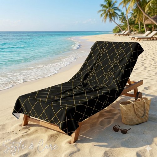 Stylish Gold Geometric Box Design Black Beach Towel
