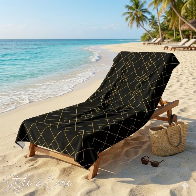 Stylish Gold Geometric Box Design Black Beach Towel (Stylish Gold Geometric Box Design Black Beach Towel)