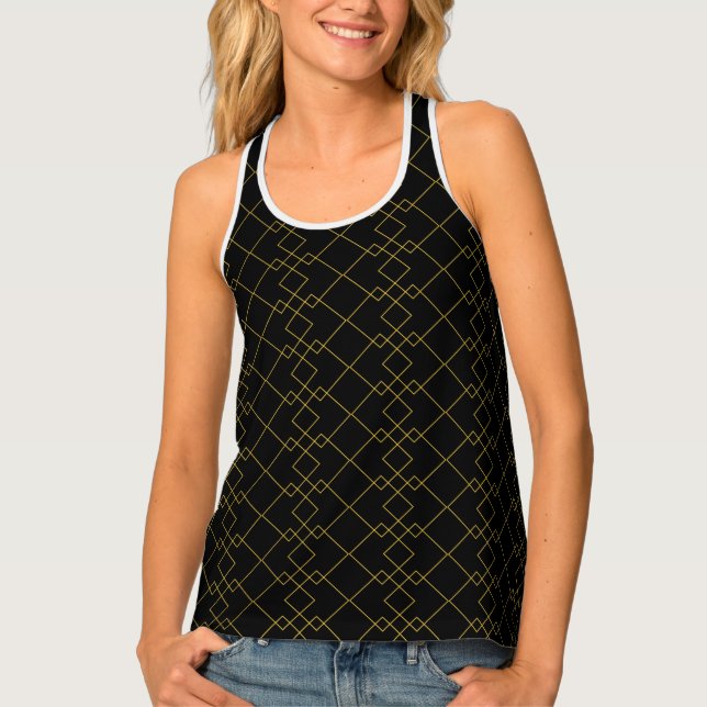 Stylish Gold Geometric Box Design Black Tank Top (Front)