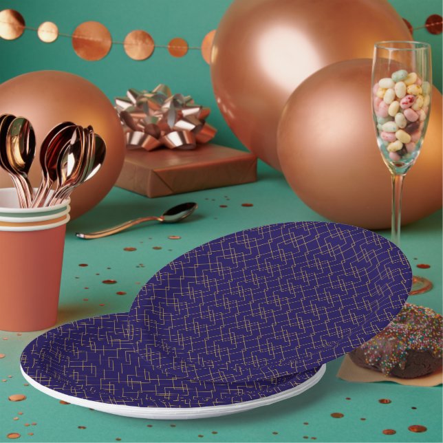 Stylish Gold Geometric Box Design Dark Blue Round Paper Plates (Multi)