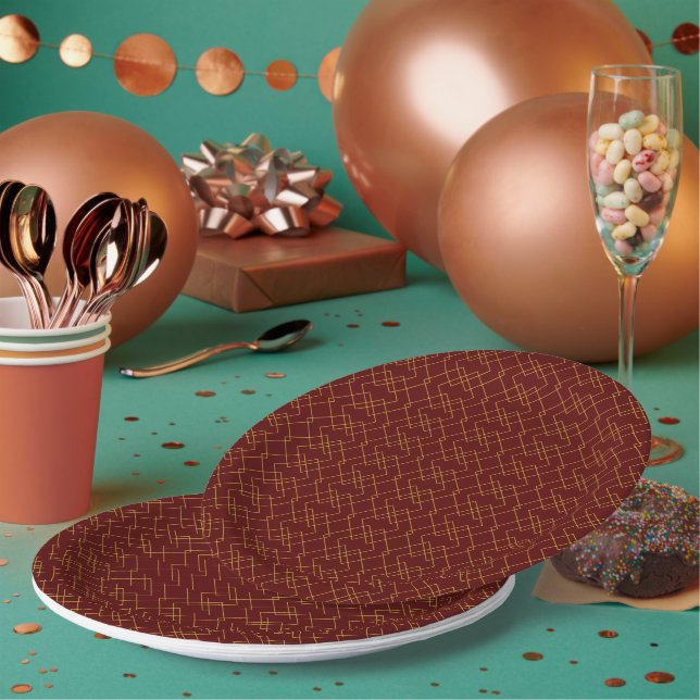 Stylish Gold Geometric Box Design Maroon Round Paper Plates (Multi)