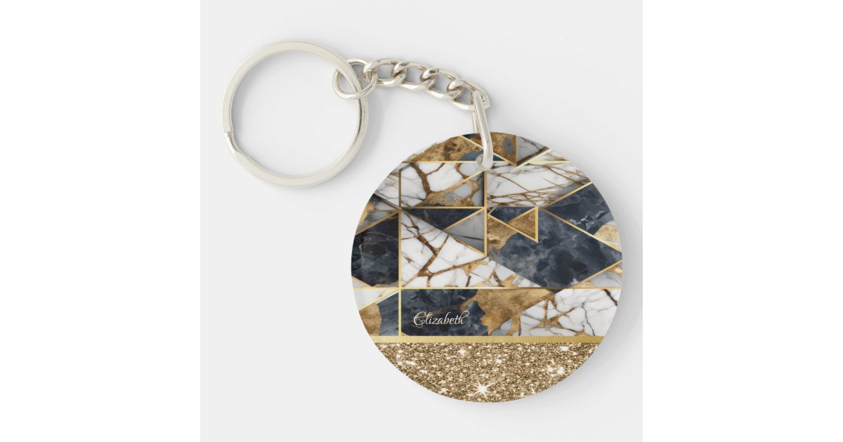 Stylish Gold Glitter Black Geometric Marble Keychain | Zazzle