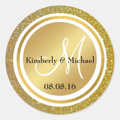 Stylish Gold Glitter  Bronze Wedding Monogram Classic Round Sticker