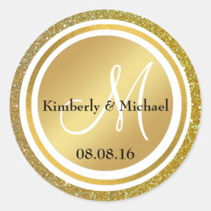 Stylish Gold Glitter & Bronze Wedding Monogram Classic Round Sticker