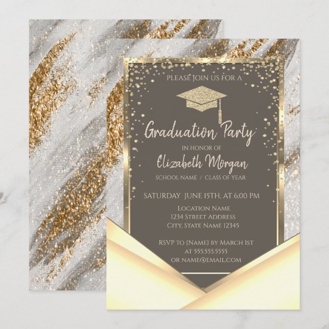Stylish Gold Glitter Brush Stroke Graduation  Invitation (Front/Back)