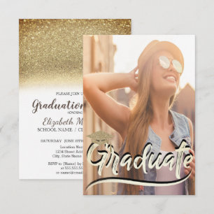 Stylish Gold Glitter Cap,Photo Graduation Party Invitation