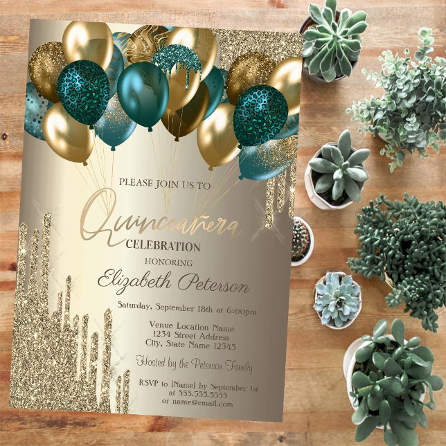  Stylish Gold Glitter Drips Balloons  Quinceañera Invitation (Creator Uploaded)