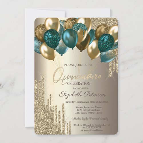  Stylish Gold Glitter Drips Balloons  Quinceaera Invitation