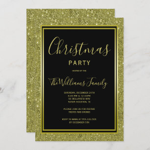 Stylish Gold Glitter, Gold Framed Christmas Party Invitation
