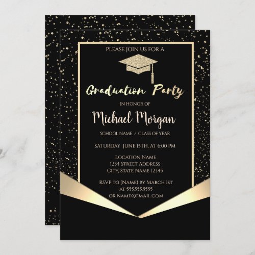 Stylish Gold Glitter Graduation CapConfetti Invitation