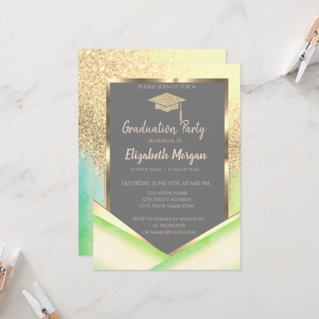 Stylish Gold Glitter Graduation Cap Green Invitation (Front/Back In Situ)