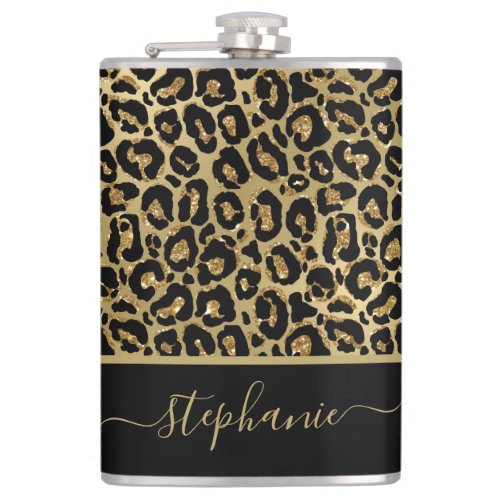 Stylish Gold Glitter Leopard Animal Print Monogram Flask