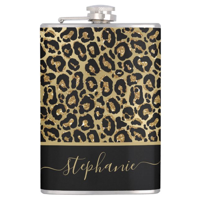Stylish Gold Glitter Leopard Animal Print Monogram Flask (Front)