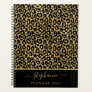 Stylish Gold Glitter Leopard Animal Print Monogram Planner