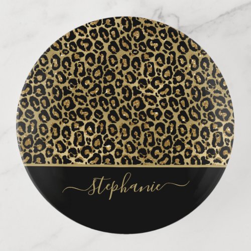 Stylish Gold Glitter Leopard Animal Print Monogram Trinket Tray