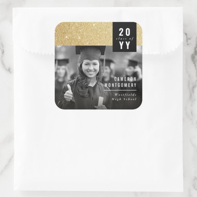 Stylish Gold Glitter Modern Chic Photo Graduation Square Sticker (Bag)