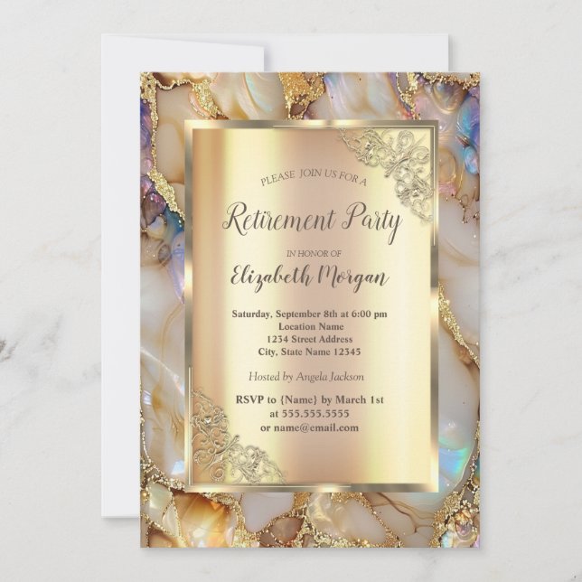  Stylish Gold Glitter Pearl Marble Retirement Invitation (Front)